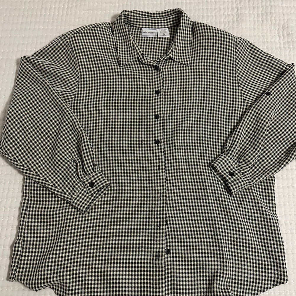 Napa Valley Button Up Shirt Black White Gingham Roll Tab Plus 2X Shoulder Pad